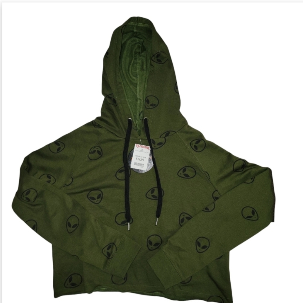 Love Peace and Lazy Days Cropped Hoodie Green (W) Size  Medium  Alien covered